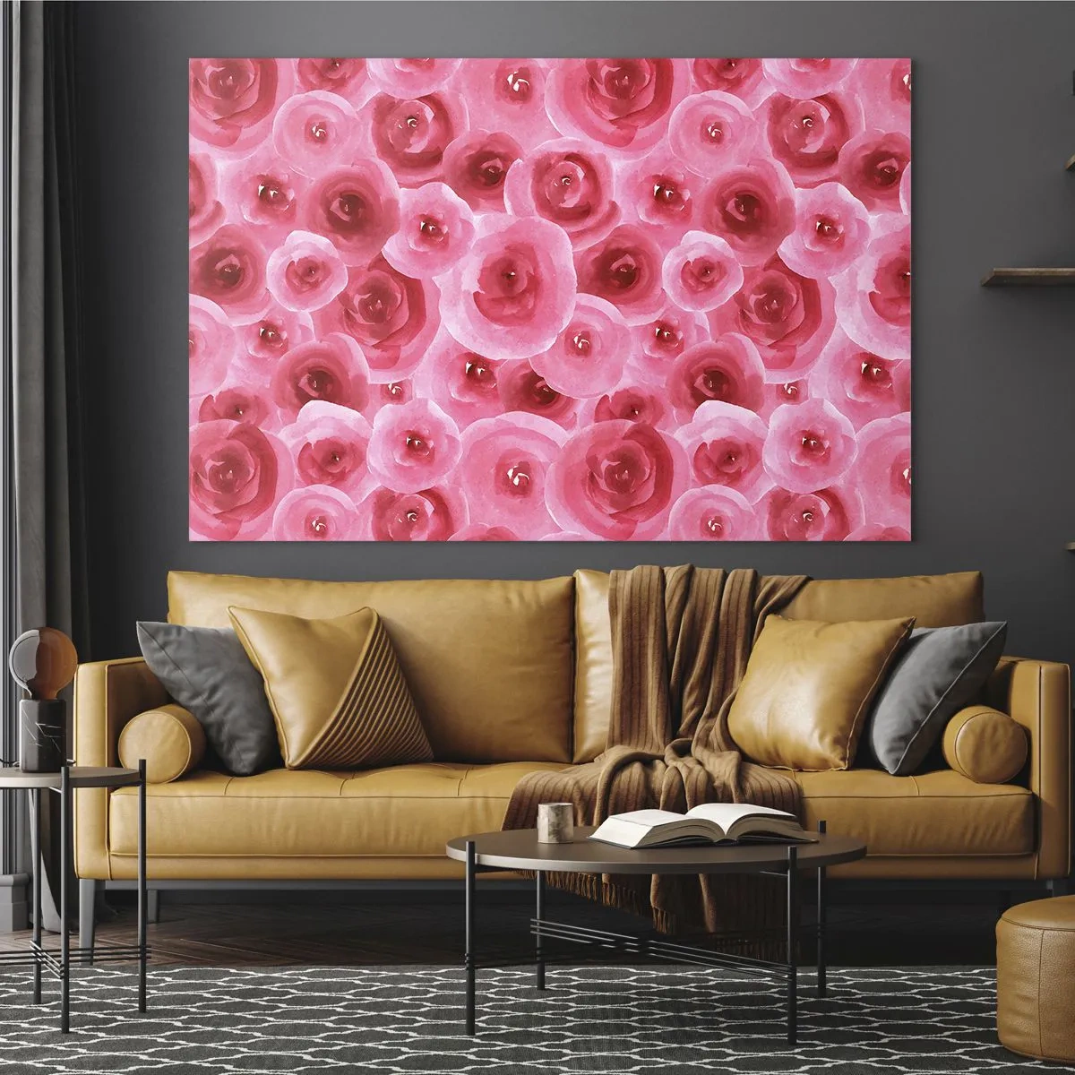 Quadro em vidro - Padrão de rosas em aquarela em tons de vermelho e rosa - 70x50cm - Rosas acima e abaixo - Decoração de parede moderna para a sala de estar e quarto ARTTOR