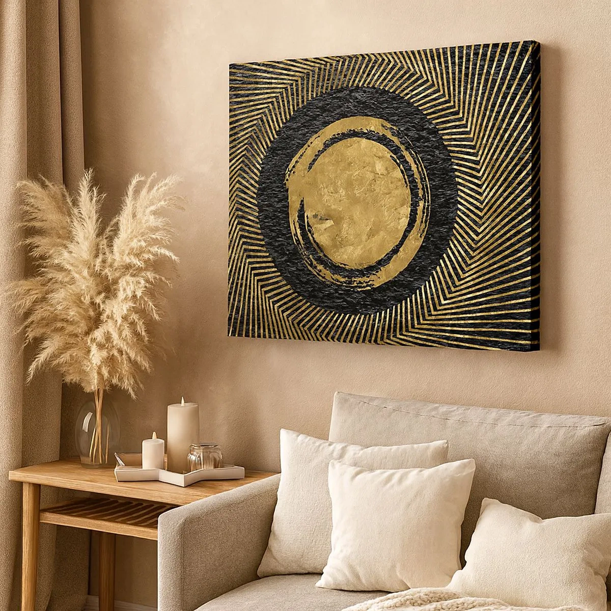 Quadro em tela - Composição geométrica em preto e dourado com raios - 70x50cm - Composição glamourosa - Decoração de parede moderna para a sala de estar e quarto ARTTOR