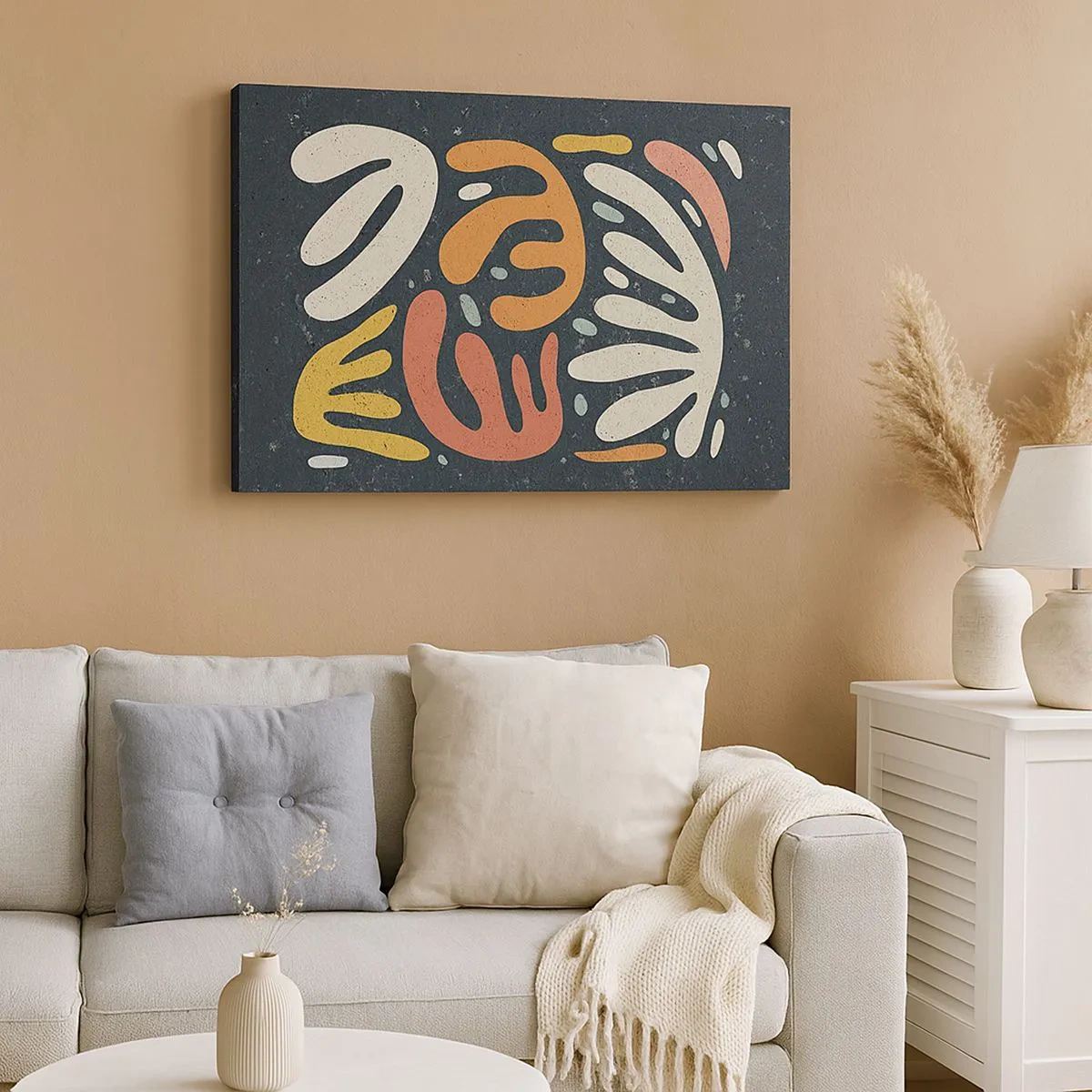 Quadro em tela - Formas abstratas em cores quentes sobre fundo escuro - 70x50cm - Composição – estou prestes a pegar-te - Decoração de parede moderna para a sala de estar e quarto ARTTOR