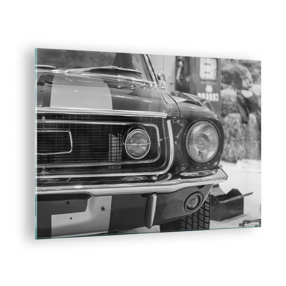 Quadro em vidro - Close-up da frente de um carro de corrida clássico - 70x50cm - Condução perigosa - Decoração de parede moderna para a sala de estar e quarto ARTTOR