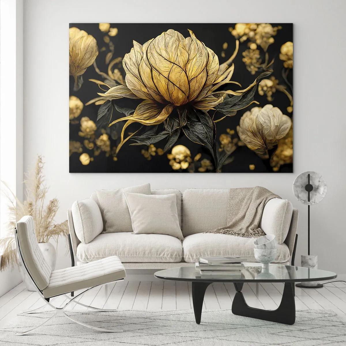 Quadro em vidro - Flores douradas sobre fundo preto em uma composição elegante - 70x50cm - Fragilidade sutil - Decoração de parede moderna para a sala de estar e quarto ARTTOR