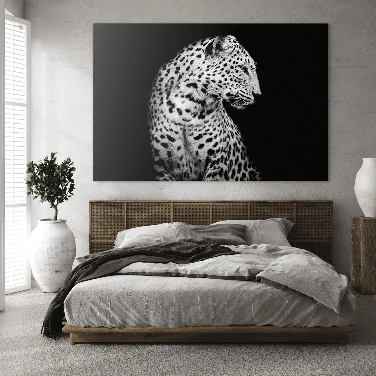 Quadro em vidro - Um leopardo em luz preta e branca contra uma janela - 70x50cm - Perfil direito perfeito! - Decoração de parede moderna para a sala de estar e quarto ARTTOR
