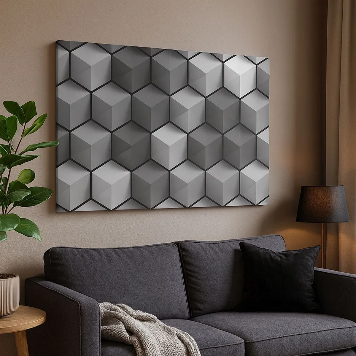 Quadro em tela - Composição geométrica de cubos em tons de cinza e preto - 70x50cm - Quebra-cabeça cubista - Decoração de parede moderna para a sala de estar e quarto ARTTOR