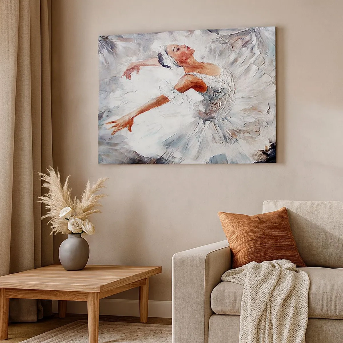 Quadro em tela - Uma bailarina de vestido branco dançando - 70x50cm - Delicado e leve como tule - Decoração de parede moderna para a sala de estar e quarto ARTTOR