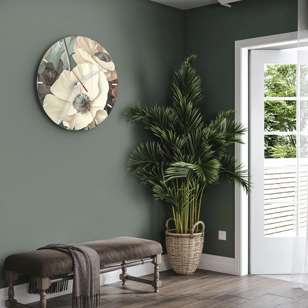 Relógio de parede - Relógio em vidro - Flores de papoula creme sobre um fundo de folhas em uma paleta pastel suave - 30x30cm - O sussurro das papoulas - Decoração de parede moderna para a sala de estar, cozinha e quarto ARTTOR