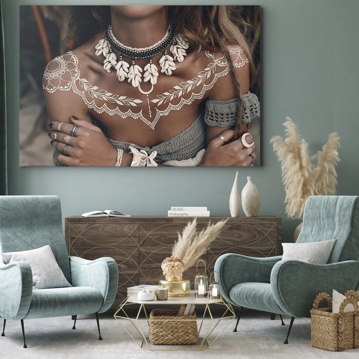 Quadro em tela - Estilo boho com joias de conchas e padrão de renda - 70x50cm - Talismãs, rituais de feminilidade - Decoração de parede moderna para a sala de estar e quarto ARTTOR