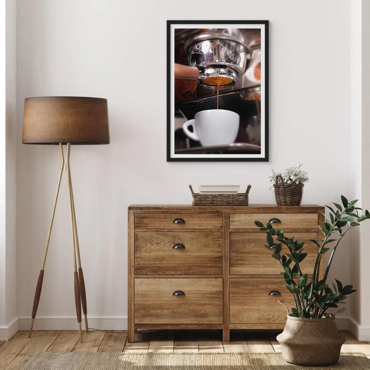 Pôster com moldura preta - Uma máquina de café despejando expresso fresco em uma xícara - 50x70cm - Boa hora do dia - Decoração de parede moderna para a sala de estar e quarto ARTTOR