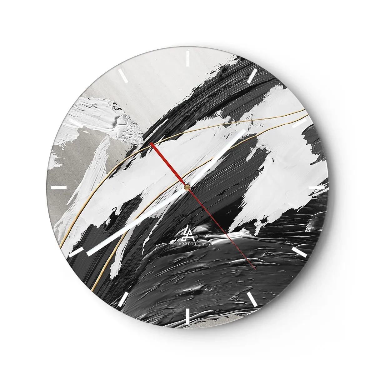 Relógio de parede - Relógio em vidro - Pinceladas dinâmicas em preto, branco e cinza - 30x30cm - Abstração em grande escala - Decoração de parede moderna para a sala de estar, cozinha e quarto ARTTOR
