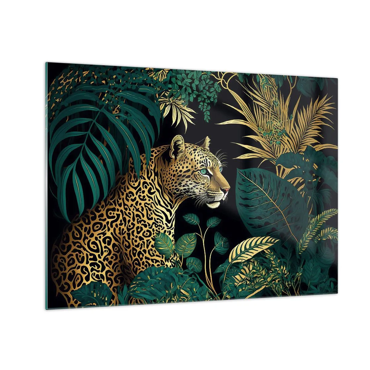 Quadro em vidro - Um leopardo entre folhas tropicais em um fundo escuro - 70x50cm - Um anfitrião na selva - Decoração de parede moderna para a sala de estar e quarto ARTTOR