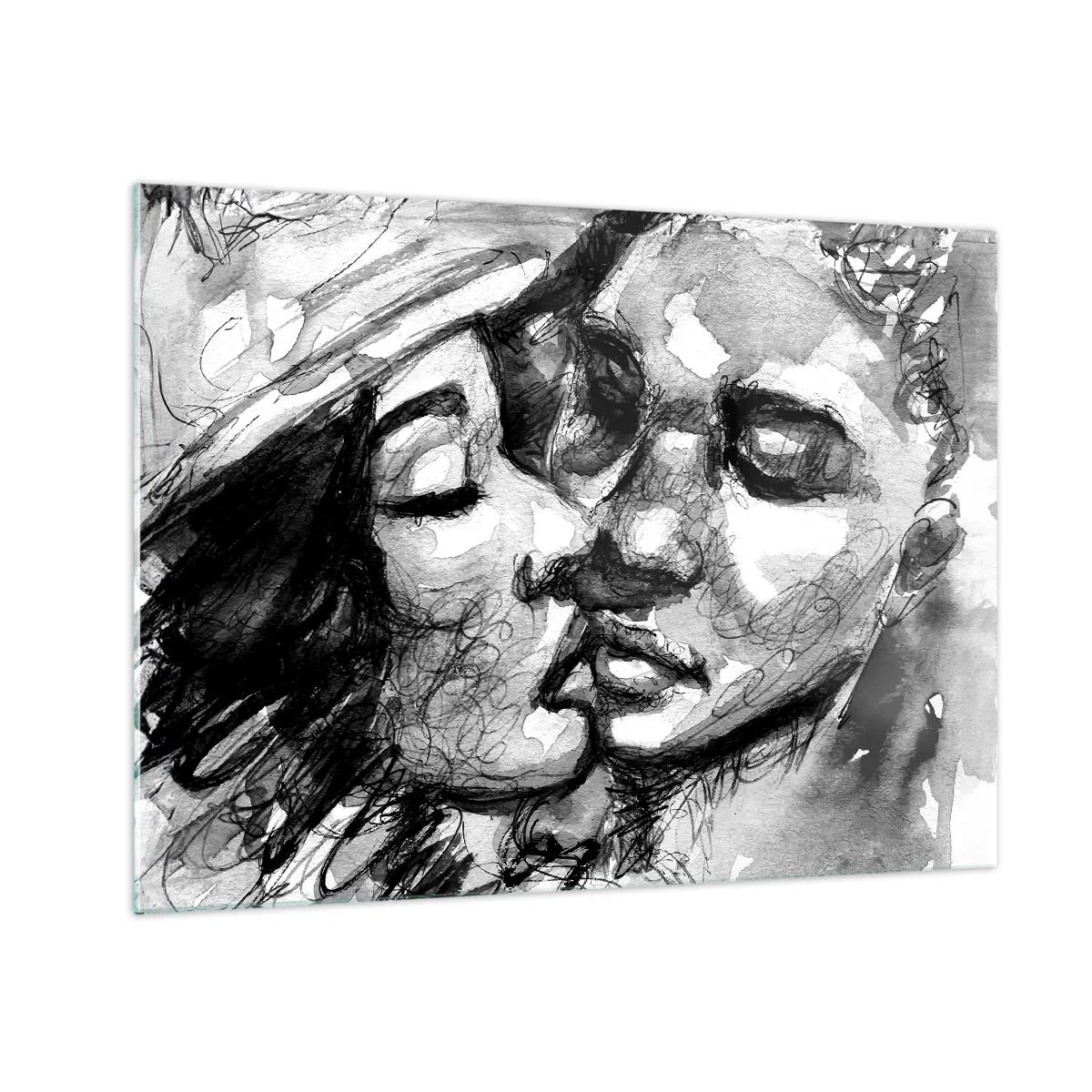 Quadro em vidro - Esboço em preto e branco de um beijo carinhoso - 70x50cm - Um momento de ternura - Decoração de parede moderna para a sala de estar e quarto ARTTOR