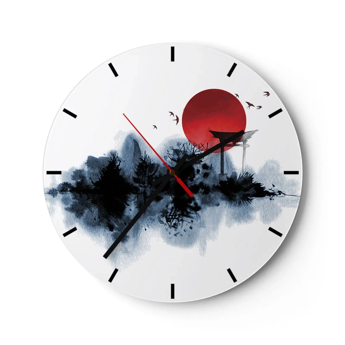 Relógio de parede - Relógio em vidro - Uma bola de sol vermelha e um portão torii de estilo japonês sobre a água - 30x30cm - Vista japonesa - Decoração de parede moderna para a sala de estar, cozinha e quarto ARTTOR