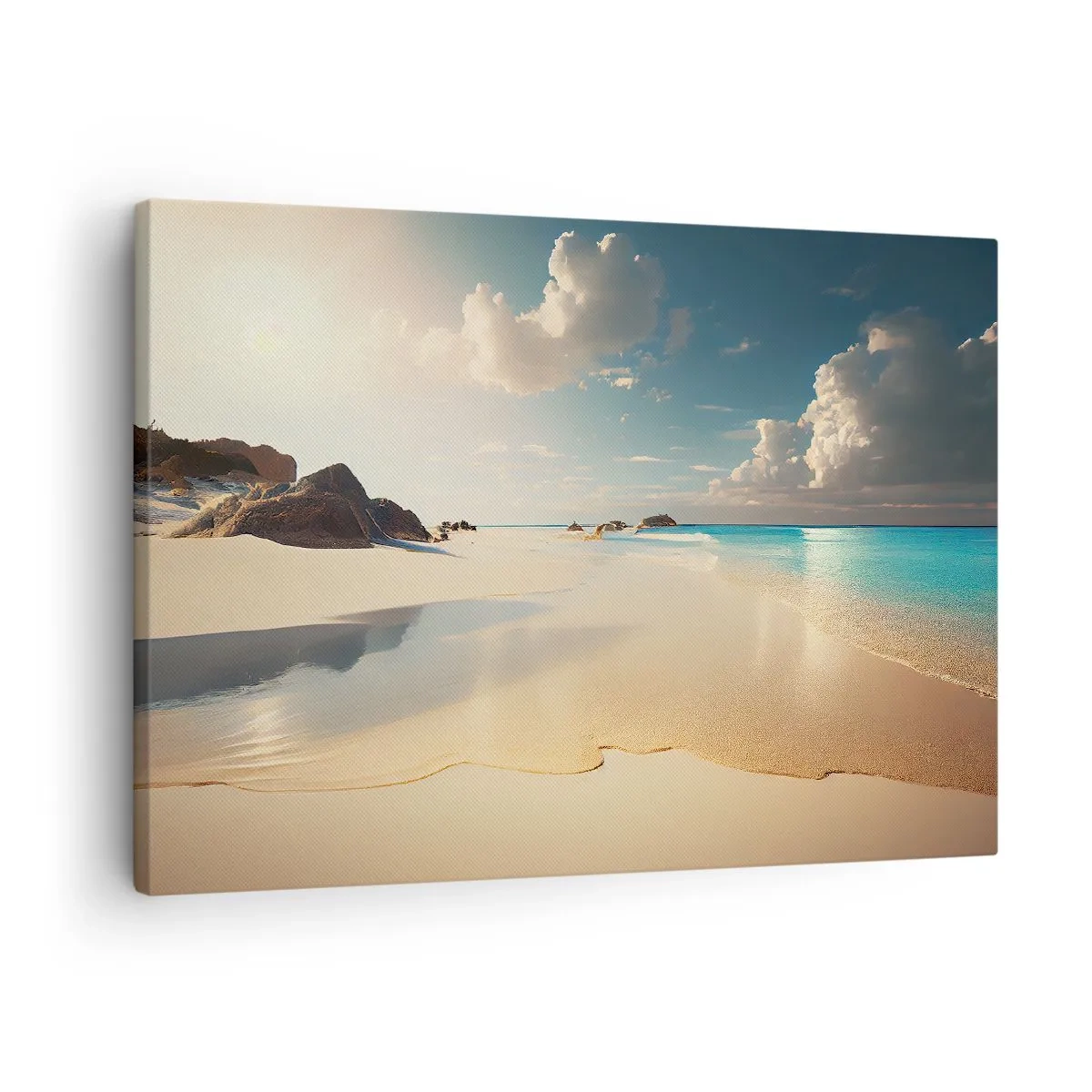 Quadro em tela - Uma praia ensolarada com mar azul e rochas - 70x50cm - Um dia de sonho - Decoração de parede moderna para a sala de estar e quarto ARTTOR