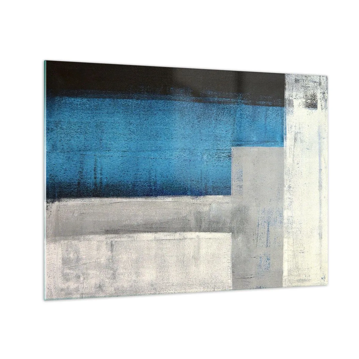 Quadro em vidro - Abstração geométrica em azul, cinza e branco - 70x50cm - Uma composição poética de cinza e azul - Decoração de parede moderna para a sala de estar e quarto ARTTOR