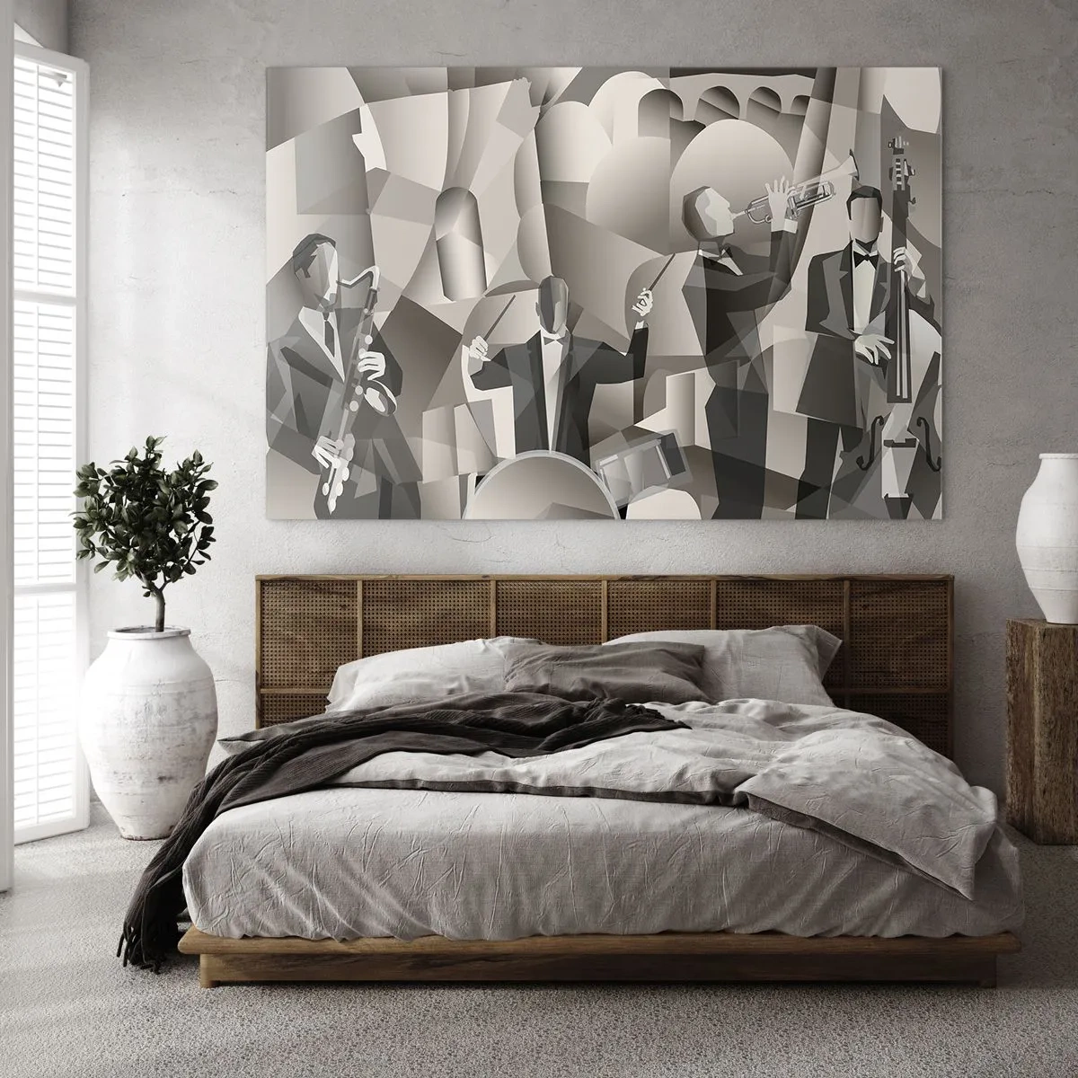 Quadro em vidro - Palco de banda de jazz estilizado em tons monocromáticos - 70x50cm - No espaço dos sons - Decoração de parede moderna para a sala de estar e quarto ARTTOR