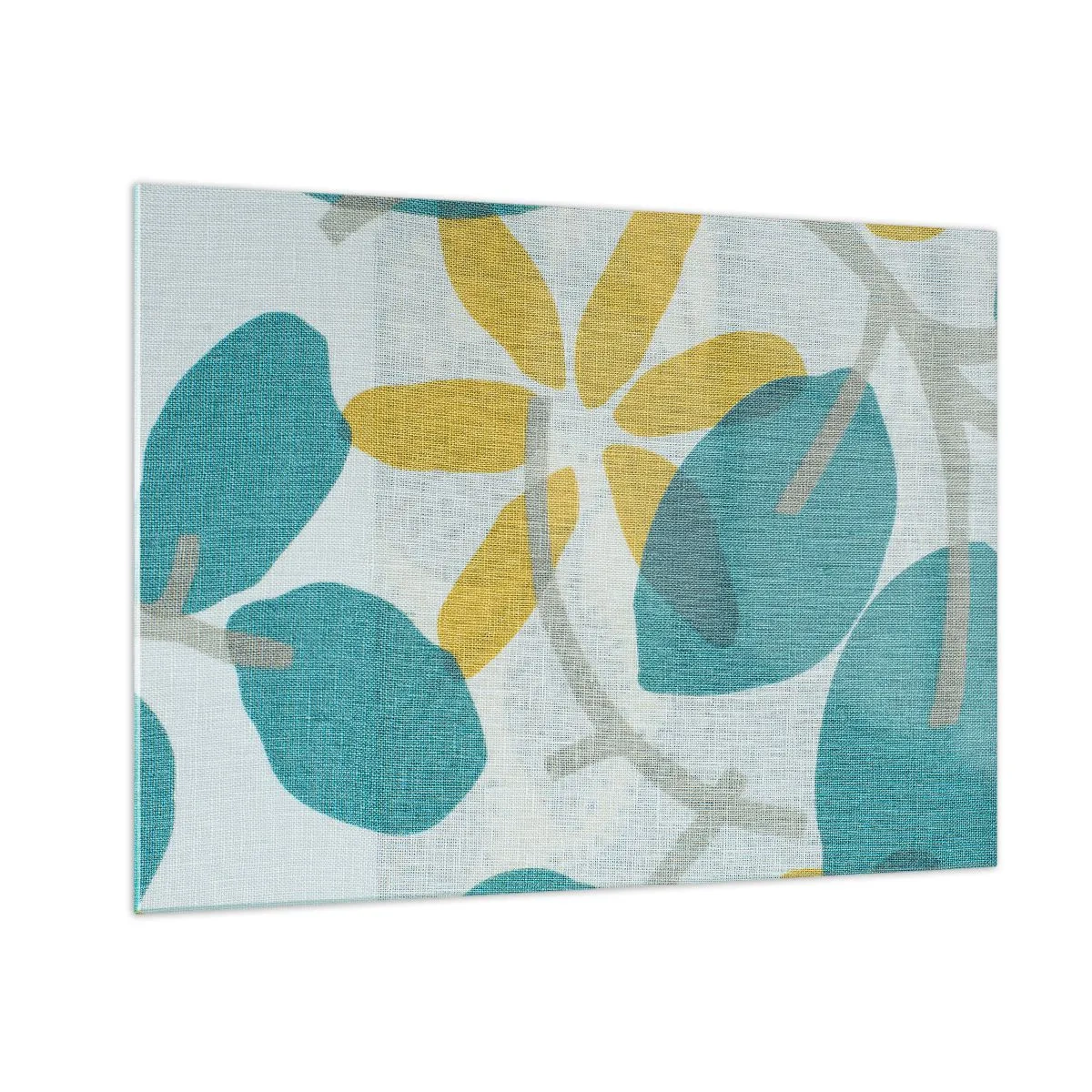 Quadro em vidro - Um gráfico de planta com folhas azuis e flores amarelas - 70x50cm - Entre as folhas azuis - Decoração de parede moderna para a sala de estar e quarto ARTTOR