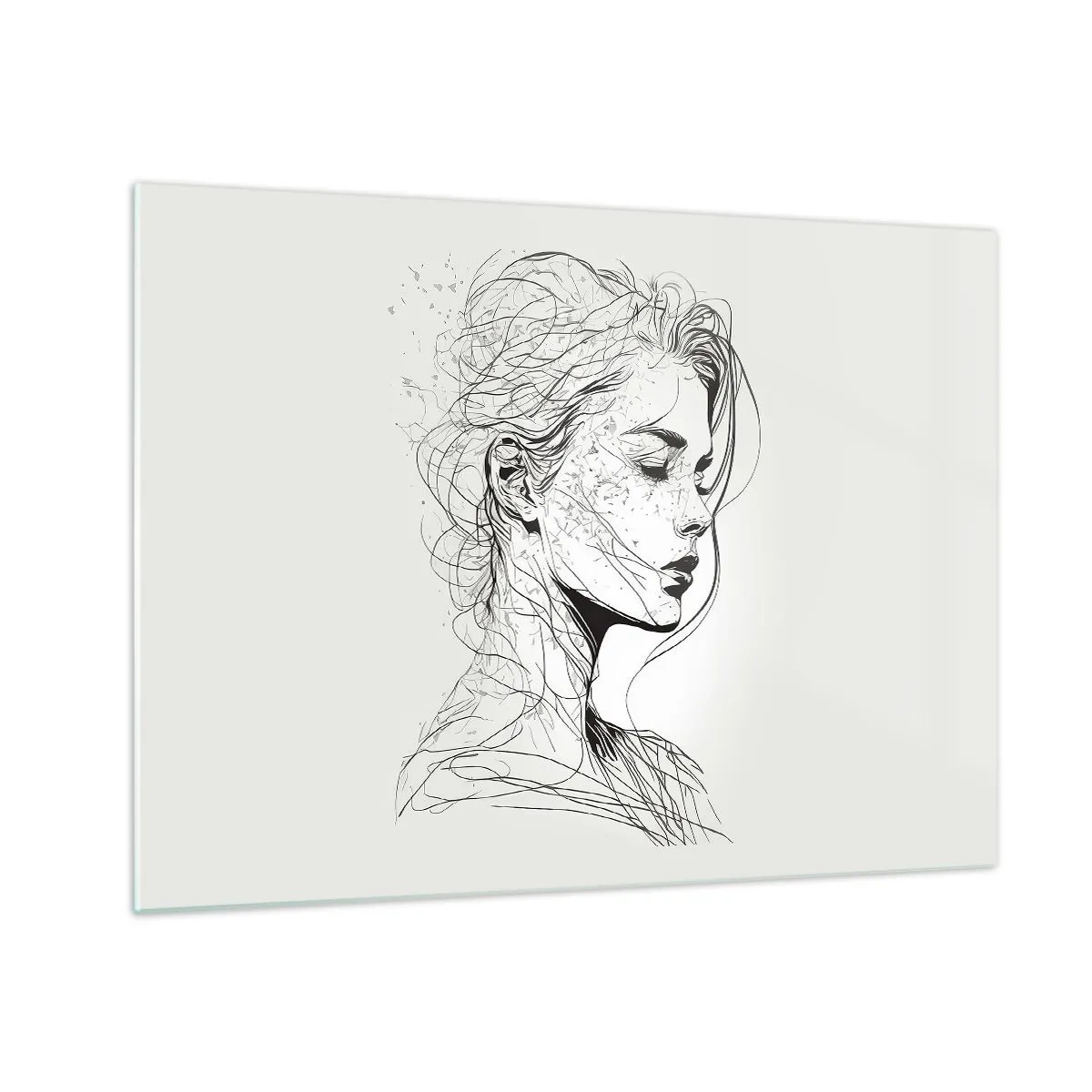 Quadro em vidro - Um esboço em preto e branco de uma mulher com os olhos fechados em uma linha delicada. - 70x50cm - Retrato em pensamento - Decoração de parede moderna para a sala de estar e quarto ARTTOR