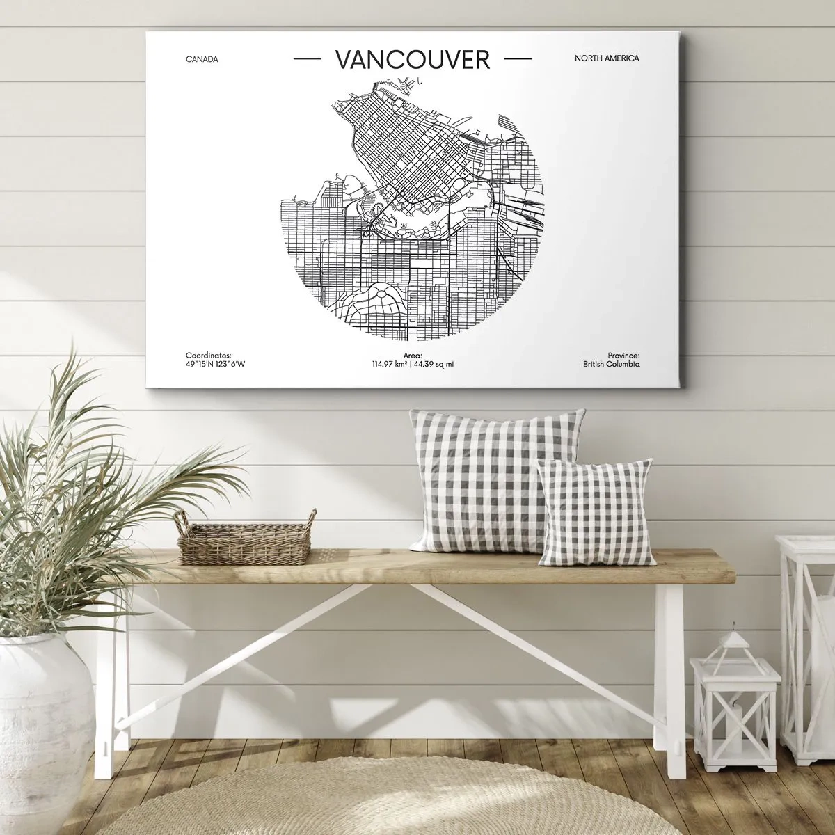 Quadro em tela - Um mapa de Vancouver em um estilo minimalista em preto e branco - 70x50cm - Anatomia de Vacouver - Decoração de parede moderna para a sala de estar e quarto ARTTOR