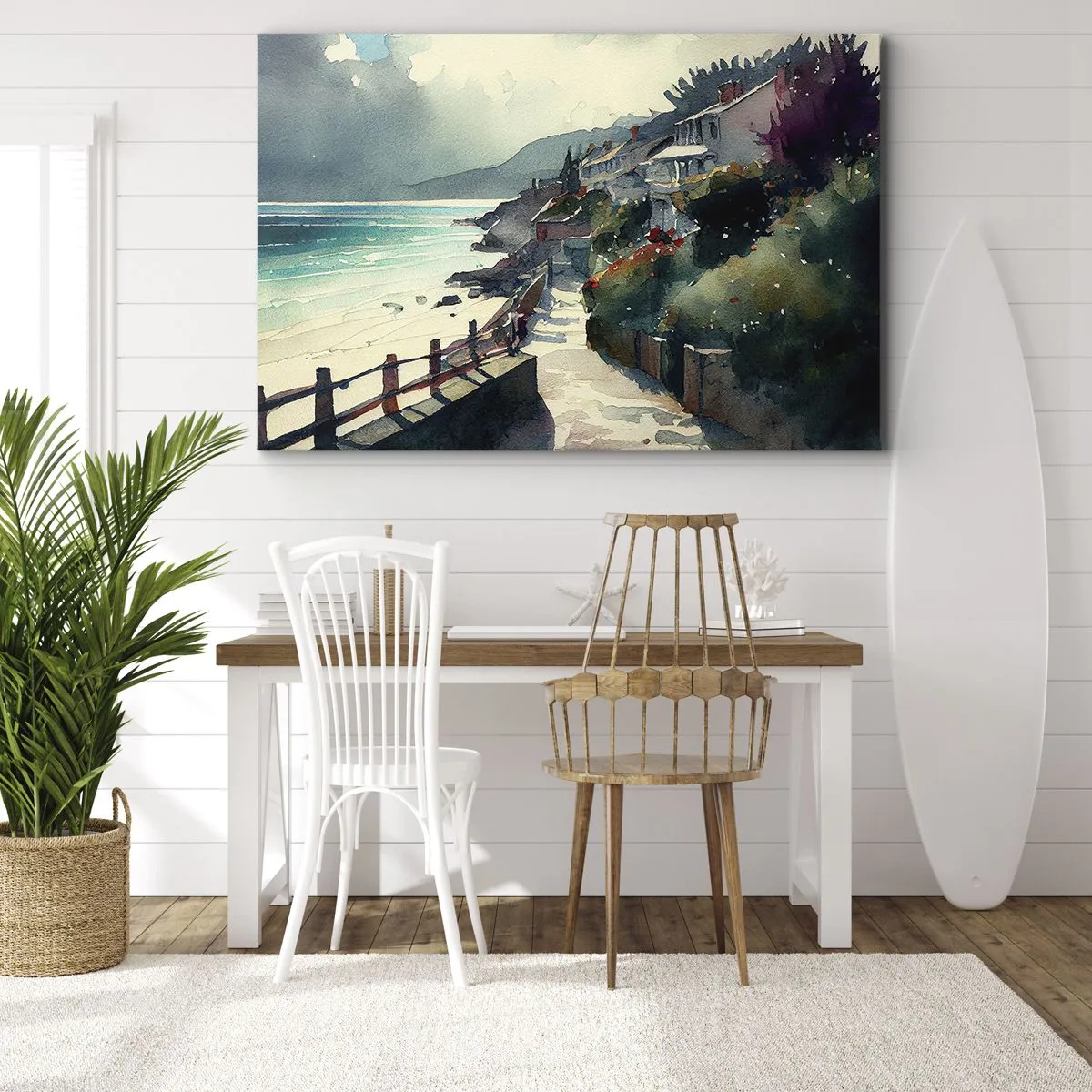Quadro em tela - Passeio marítimo com casas e vegetação - 70x50cm - Cidade mediterrânea - Decoração de parede moderna para a sala de estar e quarto ARTTOR