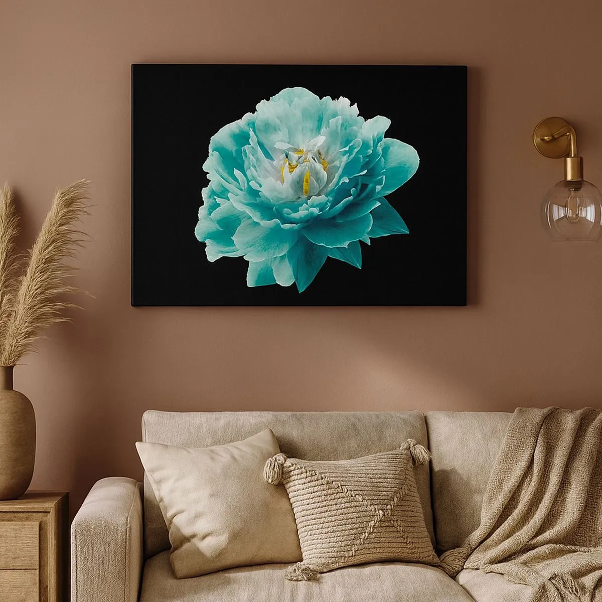 Quadro em tela - Flor de peônia turquesa em um fundo preto - 70x50cm - Pétalas azuis e douradas - Decoração de parede moderna para a sala de estar e quarto ARTTOR