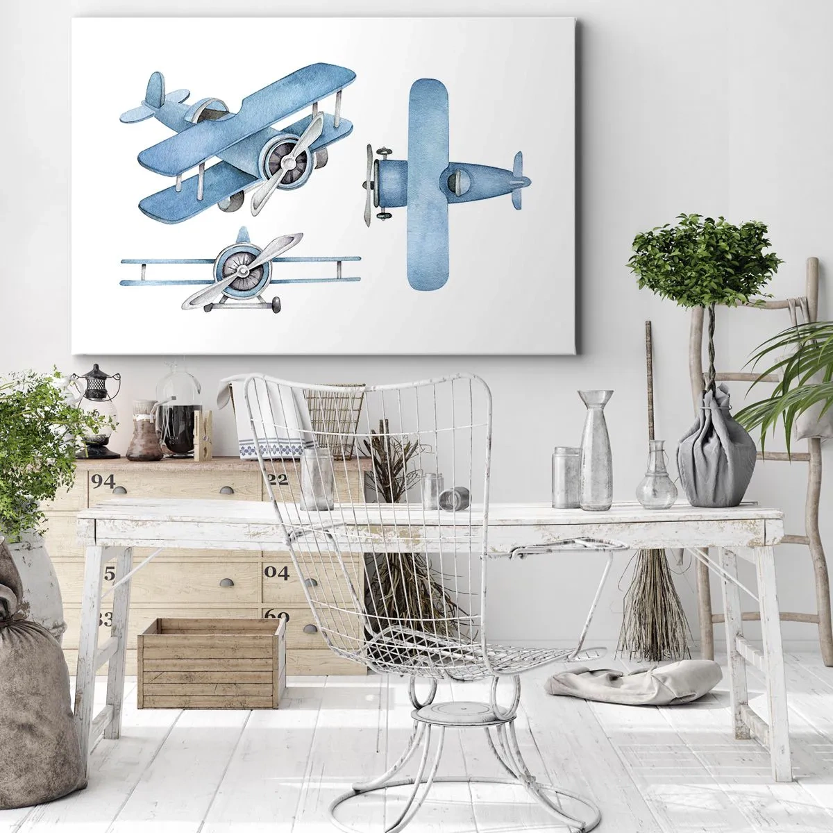 Quadro em tela - Aviões retrô azuis - 70x50cm - Um vencedor nato - Decoração de parede moderna para a sala de estar e quarto ARTTOR