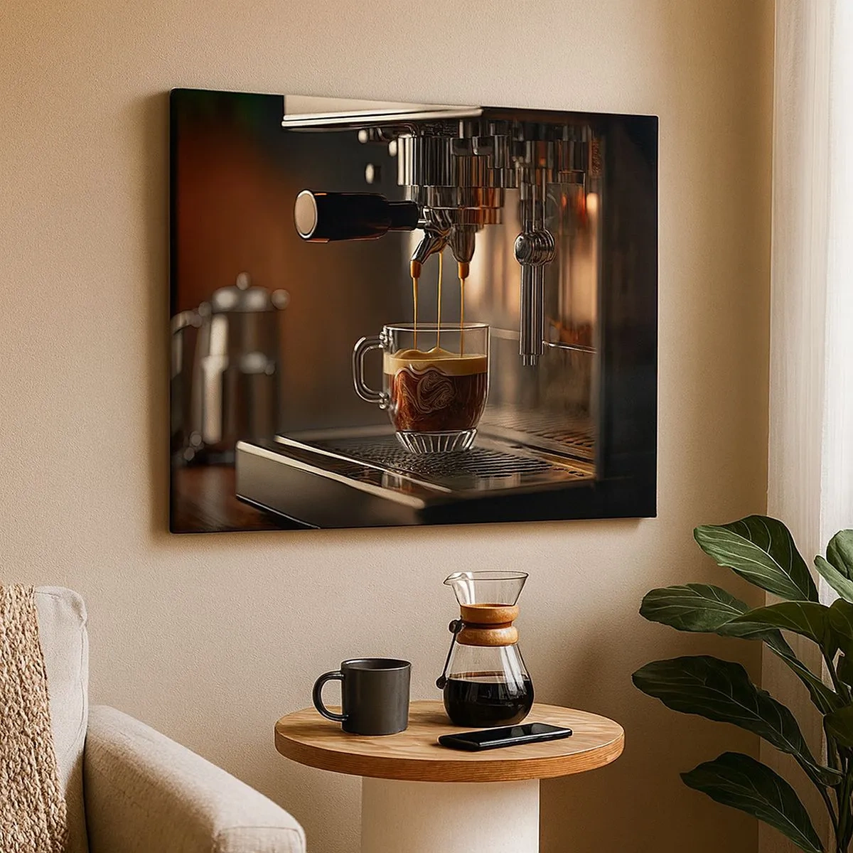 Quadro em tela - Máquina de café com uma xícara de expresso aromático - 70x50cm - Uma mistura sensual - Decoração de parede moderna para a sala de estar e quarto ARTTOR