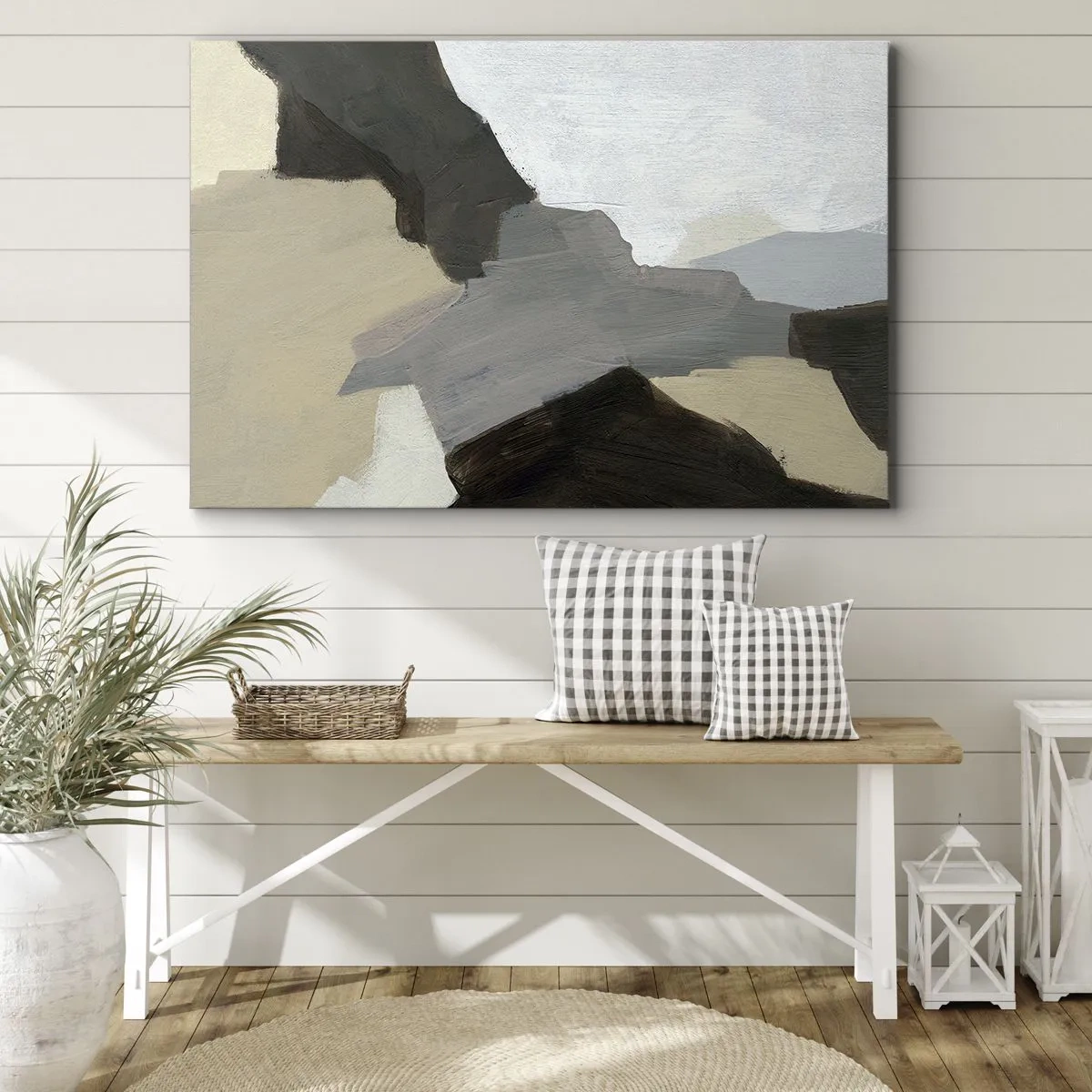Quadro em tela - Formas abstratas em tons de bege, marrom e cinza - 70x50cm - Abstração: a encruzilhada do cinza - Decoração de parede moderna para a sala de estar e quarto ARTTOR