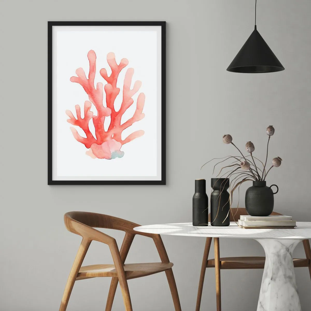 Pôster com moldura preta - Ilustração em aquarela de coral vermelho sobre fundo branco - 50x70cm - Coral de cor coral - Decoração de parede moderna para a sala de estar e quarto ARTTOR