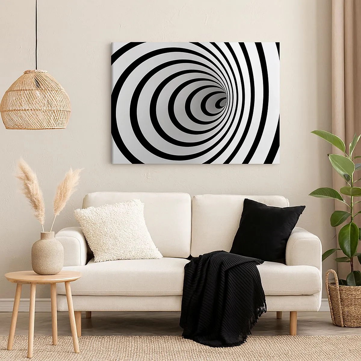 Quadro em tela - Uma espiral preta e branca criando um efeito hipnótico - 70x50cm - Também não resiste? - Decoração de parede moderna para a sala de estar e quarto ARTTOR