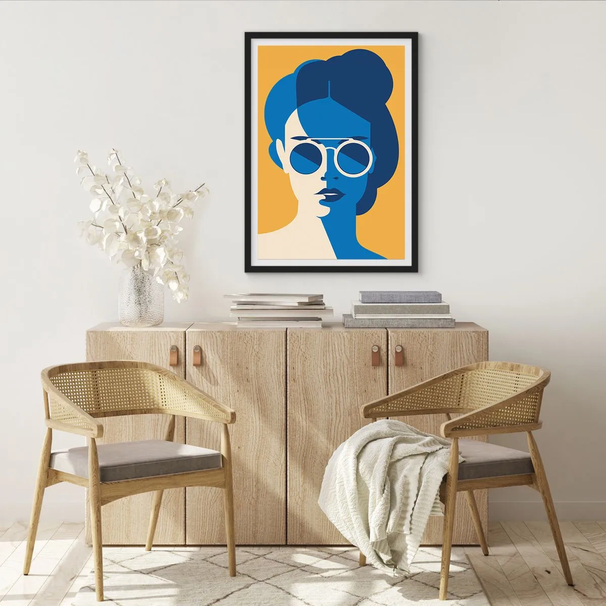 Pôster com moldura preta - Retrato abstrato de uma mulher usando óculos de sol - 50x70cm - Look de férias - Decoração de parede moderna para a sala de estar e quarto ARTTOR