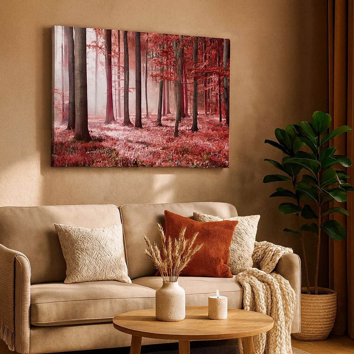 Quadro em tela - Uma floresta deslumbrante em tons de vermelho com raios de luz penetrando através das árvores - 70x50cm - O vermelho também é belo - Decoração de parede moderna para a sala de estar e quarto ARTTOR