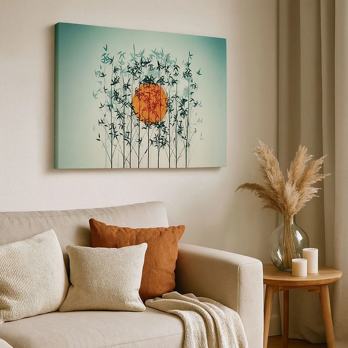 Quadro em tela - Sol laranja entre os galhos de bambu - 70x50cm - Sol japonês - Decoração de parede moderna para a sala de estar e quarto ARTTOR