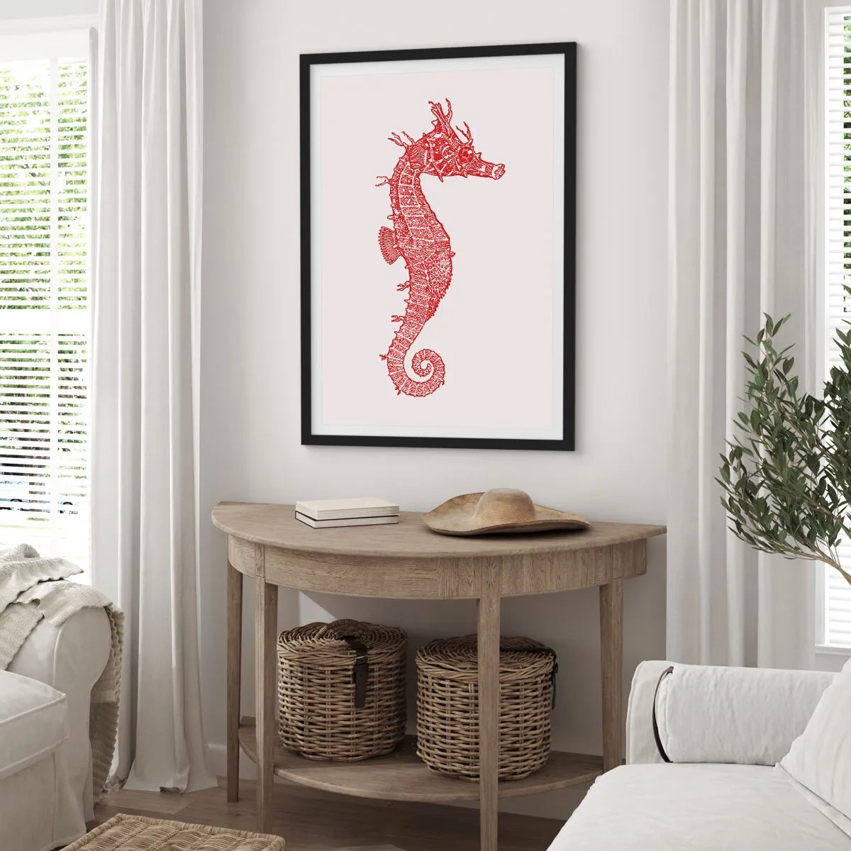 Pôster com moldura preta - Cavalo-marinho steampunk vermelho sobre fundo claro - 50x70cm - Uma criatura complexa - Decoração de parede moderna para a sala de estar e quarto ARTTOR