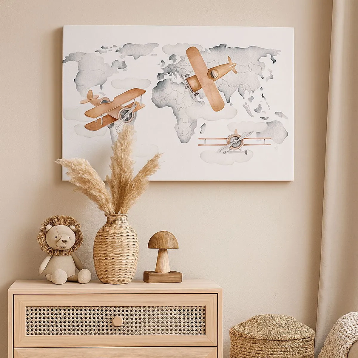 Quadro em tela - Ilustração de um mapa-múndi com aviões - 70x50cm - Com espírito pioneiro - Decoração de parede moderna para a sala de estar e quarto ARTTOR
