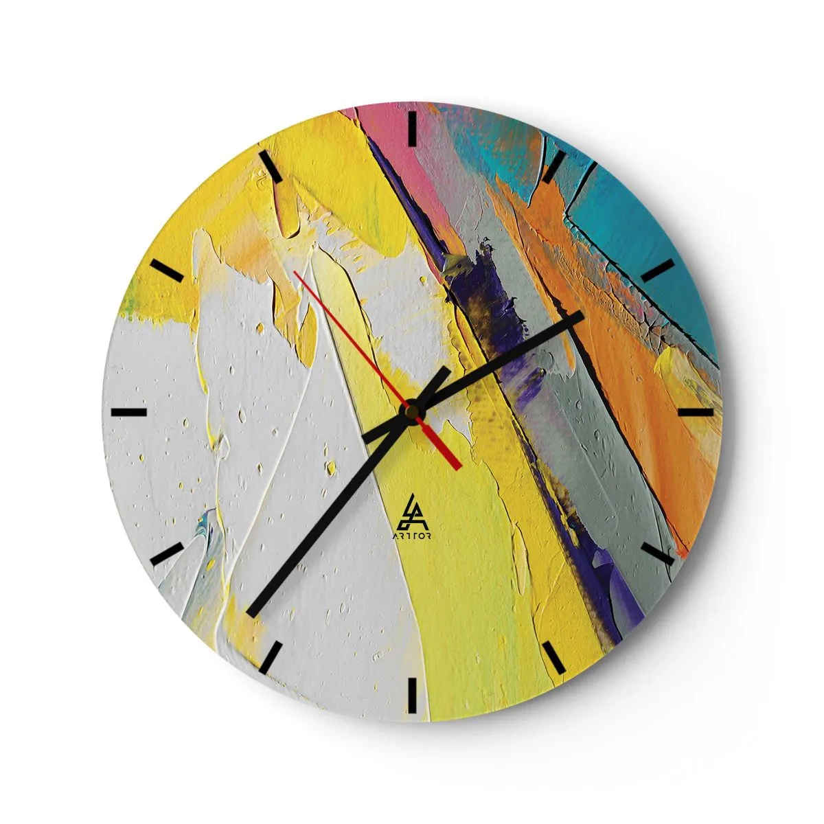 Relógio de parede - Relógio em vidro - Abstração colorida com predominância de amarelo, branco e azul - 30x30cm - Anatomia da luz - Decoração de parede moderna para a sala de estar, cozinha e quarto ARTTOR