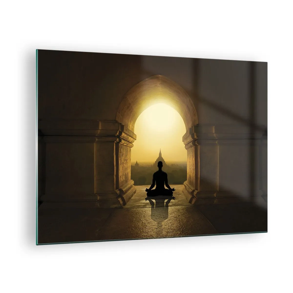 Quadro em vidro - Silhueta de uma pessoa meditando à luz do pôr do sol em um arco arquitetônico - 70x50cm - Harmonia completa - Decoração de parede moderna para a sala de estar e quarto ARTTOR