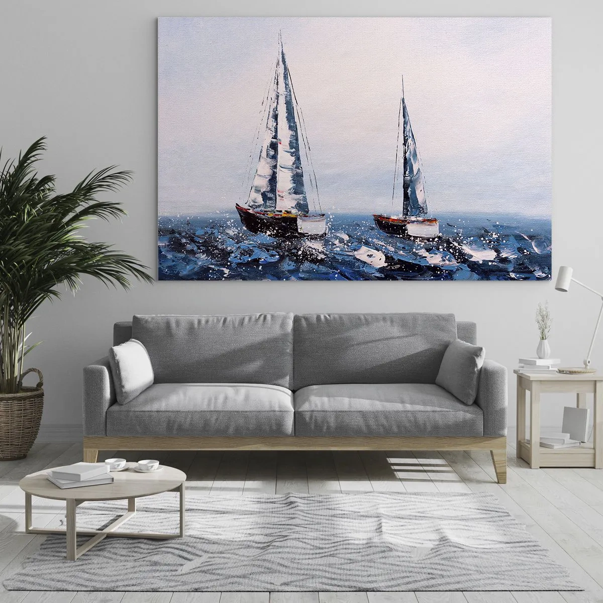 Quadro em vidro - Dois iates em um mar tempestuoso em um estilo pictórico impressionista. - 70x50cm - Irmandade do vento - Decoração de parede moderna para a sala de estar e quarto ARTTOR