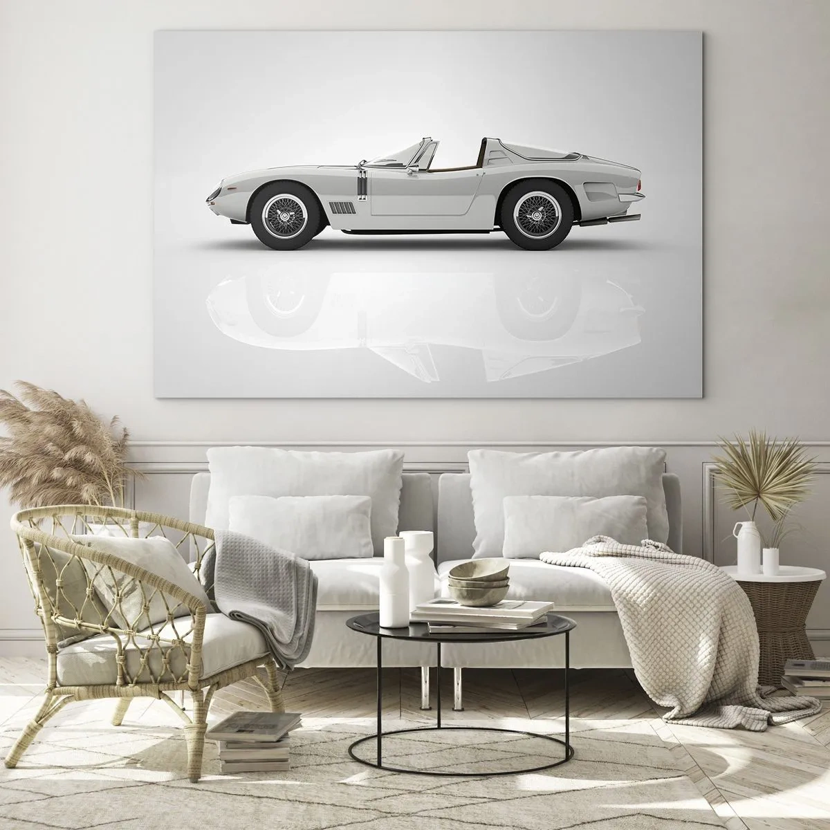 Quadro em vidro - Um conversível branco clássico sobre um fundo minimalista com reflexos. - 70x50cm - A promessa de diversão - Decoração de parede moderna para a sala de estar e quarto ARTTOR
