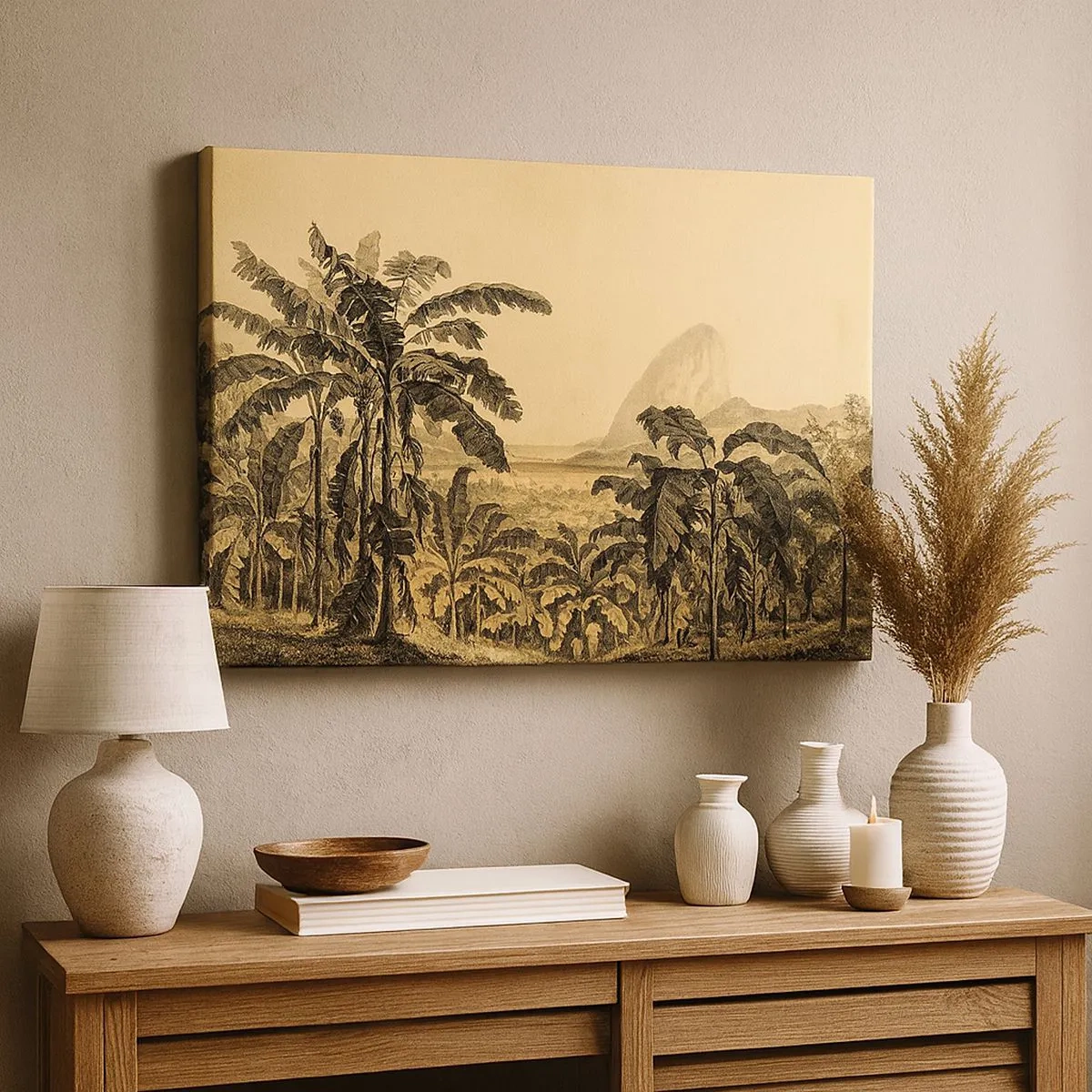 Quadro em tela - Desenho de bananeiras em um fundo de paisagem tropical - 70x50cm - num clima colonial - Decoração de parede moderna para a sala de estar e quarto ARTTOR