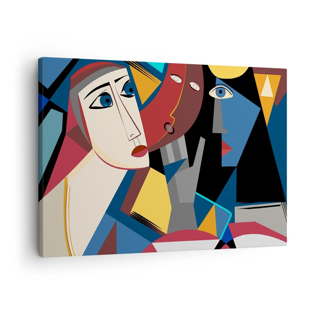 Quadro em tela - Rostos cubistas em cores intensas - 70x50cm - Uma conversa entre cubistas - Decoração de parede moderna para a sala de estar e quarto ARTTOR