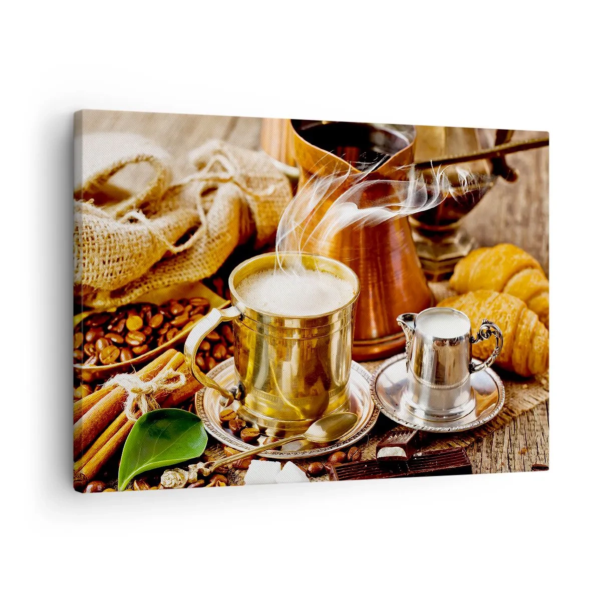 Quadro em tela - Uma caneca dourada de café cercada por grãos, jarras e croissants - 70x50cm - Bons dias! - Decoração de parede moderna para a sala de estar e quarto ARTTOR
