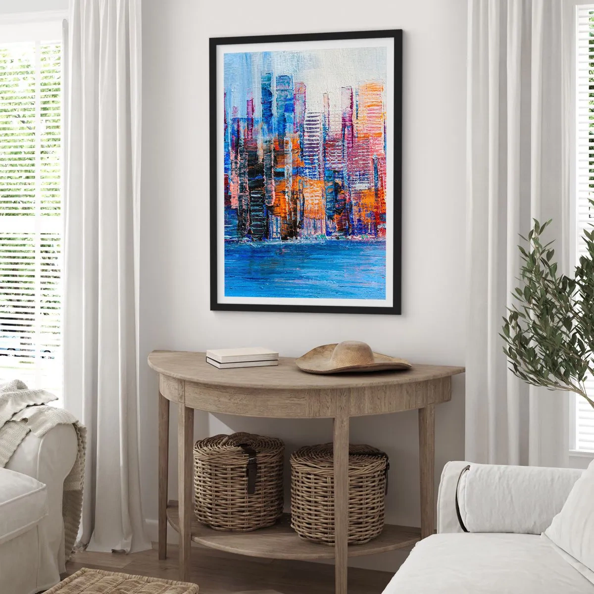Pôster com moldura preta - Panorama abstrato da cidade em cores intensas - 50x70cm - Metrópole alegre - Decoração de parede moderna para a sala de estar e quarto ARTTOR