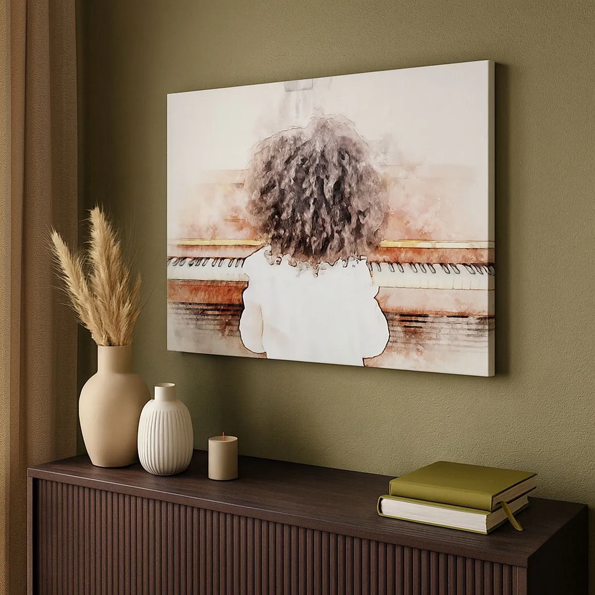 Quadro em tela - Uma garota com cabelo espesso ao piano - 70x50cm - Num mundo novo - Decoração de parede moderna para a sala de estar e quarto ARTTOR