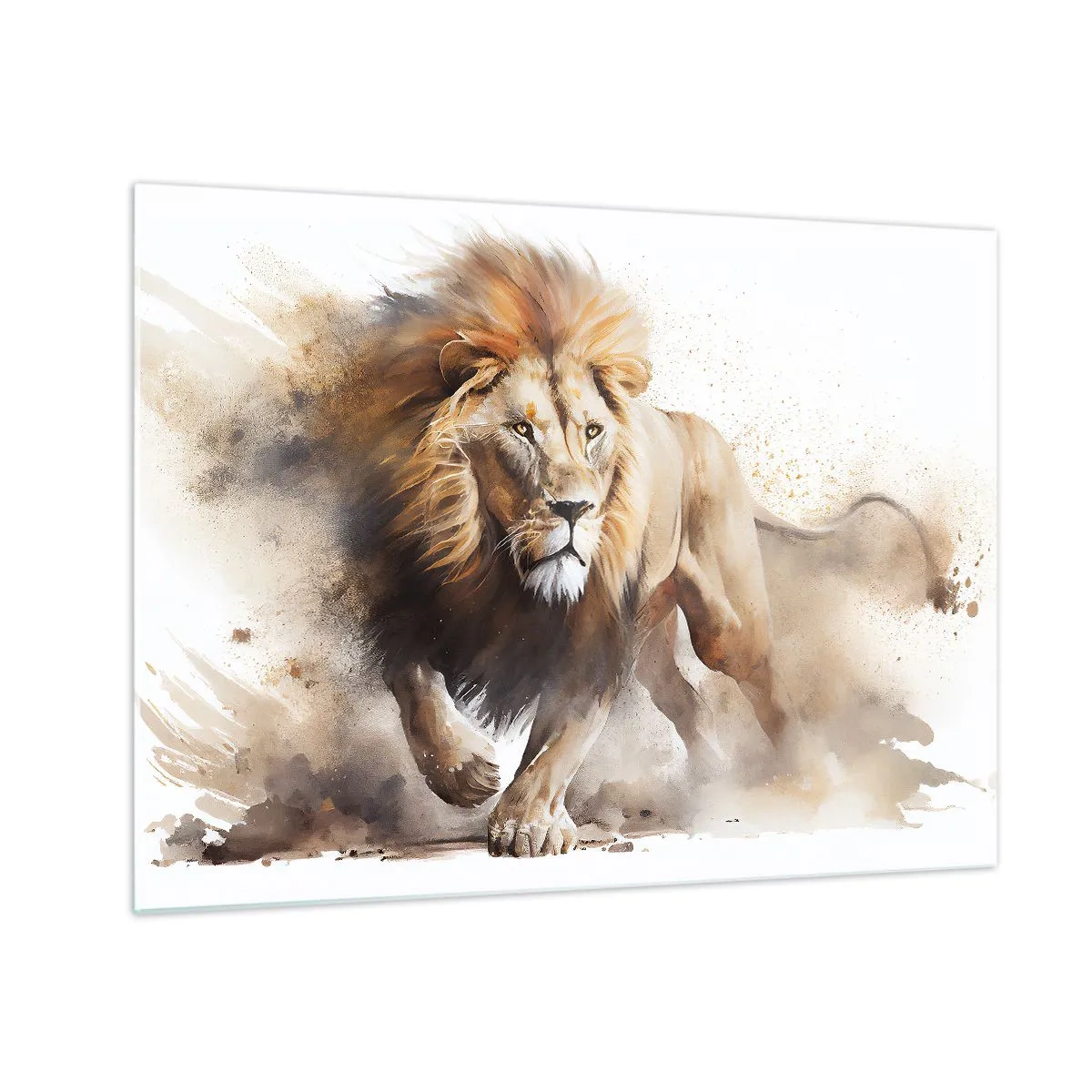 Quadro em vidro - Uma foto dinâmica em aquarela de um leão correndo - 70x50cm - O rei se foi - Decoração de parede moderna para a sala de estar e quarto ARTTOR