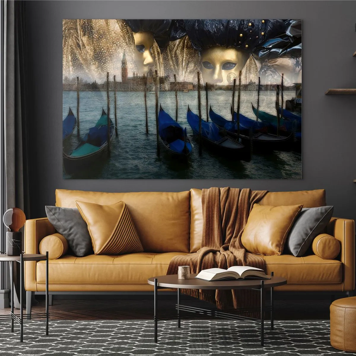 Quadro em vidro - Veneza com gôndolas e máscaras de carnaval - 70x50cm - Hora do Carnaval - Decoração de parede moderna para a sala de estar e quarto ARTTOR