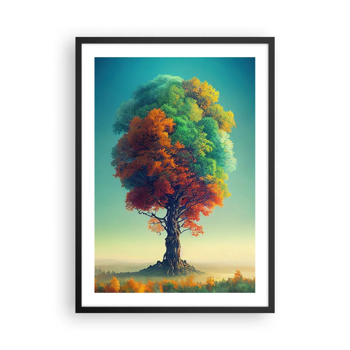Pôster com moldura preta - Uma árvore com as cores das quatro estações - 50x70cm - Carvalho – o pai da natureza - Decoração de parede moderna para a sala de estar e quarto ARTTOR