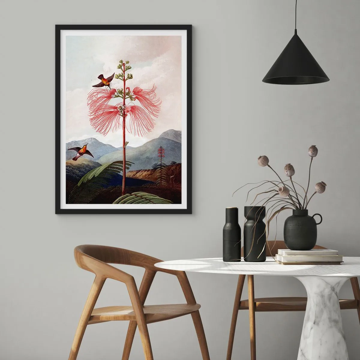 Pôster com moldura preta - Flor exótica com beija-flores entre as montanhas - 50x70cm - Em um paraíso tropical - Decoração de parede moderna para a sala de estar e quarto ARTTOR