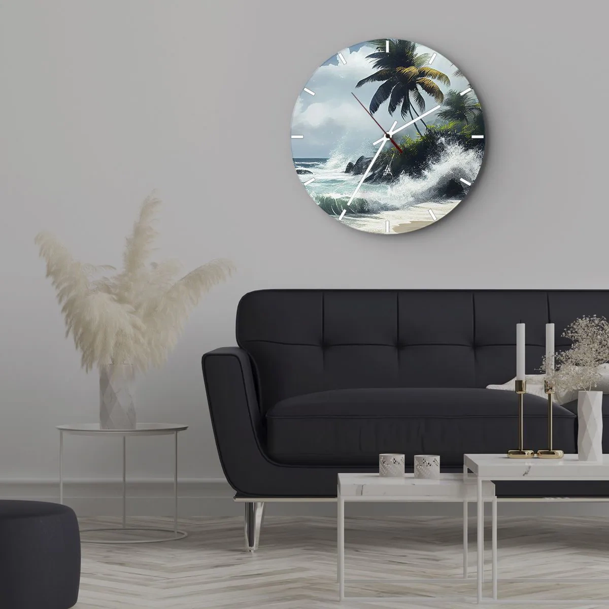 Relógio de parede - Relógio em vidro - Praia tropical com palmeiras e ondas quebrando no oceano - 30x30cm - Em uma costa tropical - Decoração de parede moderna para a sala de estar, cozinha e quarto ARTTOR