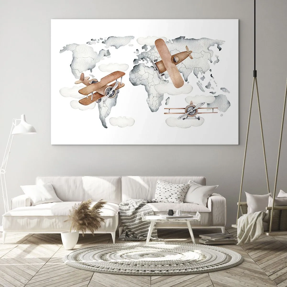 Quadro em vidro - Mapa-múndi de avião retrô para crianças - 70x50cm - Com espírito pioneiro - Decoração de parede moderna para a sala de estar e quarto ARTTOR