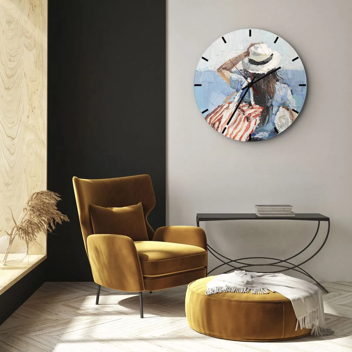 Relógio de parede - Relógio em vidro - Uma pintura de verão de uma mulher de chapéu contra o mar - 30x30cm - Bem-vindo às suas férias - Decoração de parede moderna para a sala de estar, cozinha e quarto ARTTOR