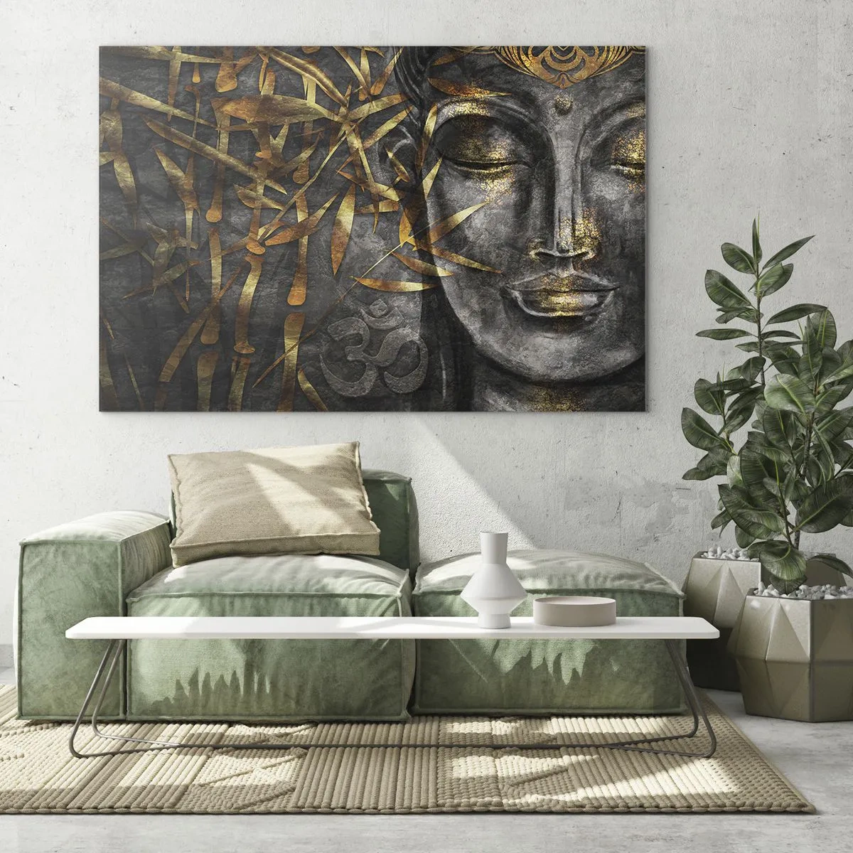 Quadro em vidro - Imagem de Buda dourado sobre fundo de bambu - 70x50cm - Sinta a paz - Decoração de parede moderna para a sala de estar e quarto ARTTOR